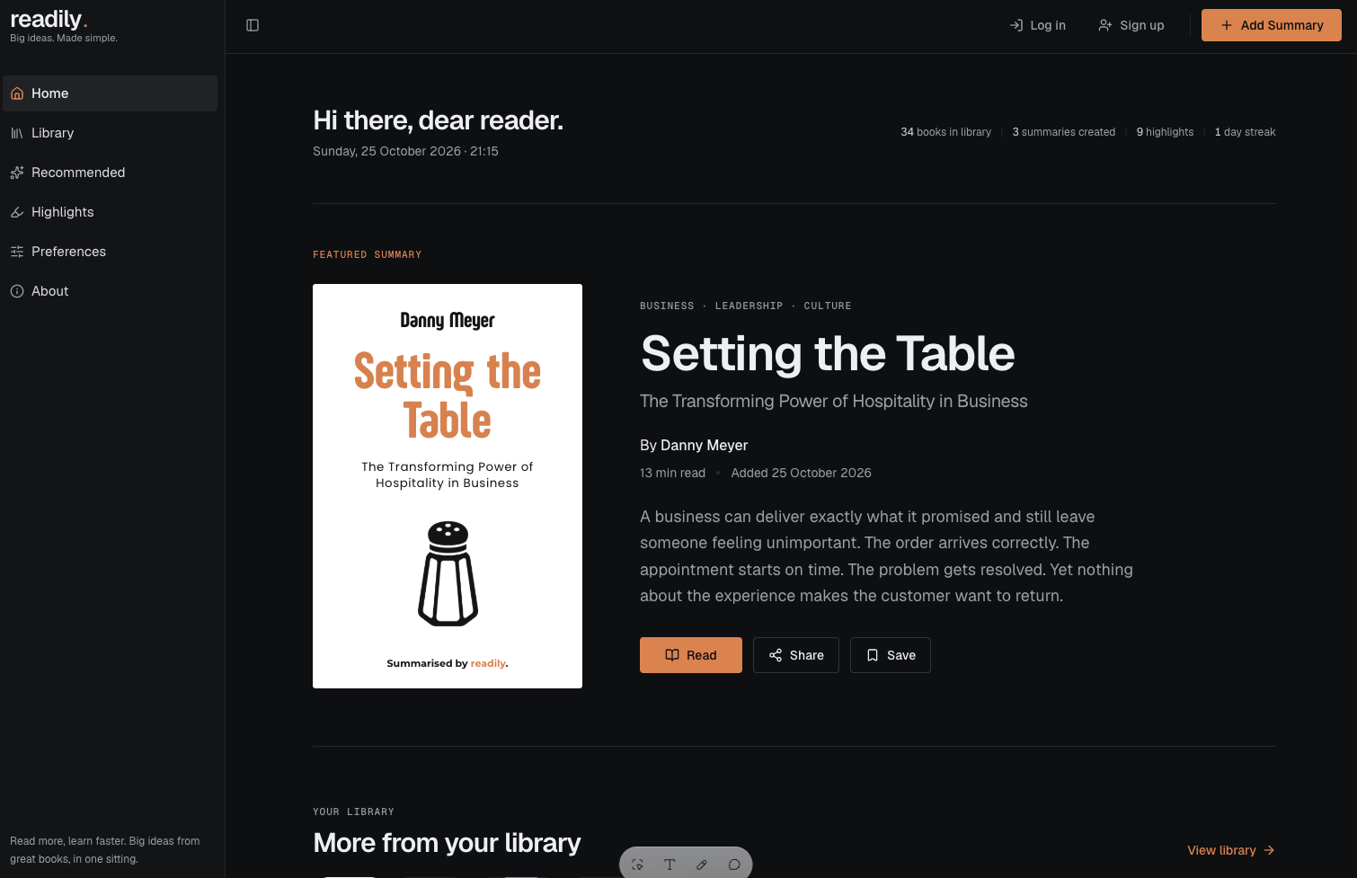 Readily home page with featured summary